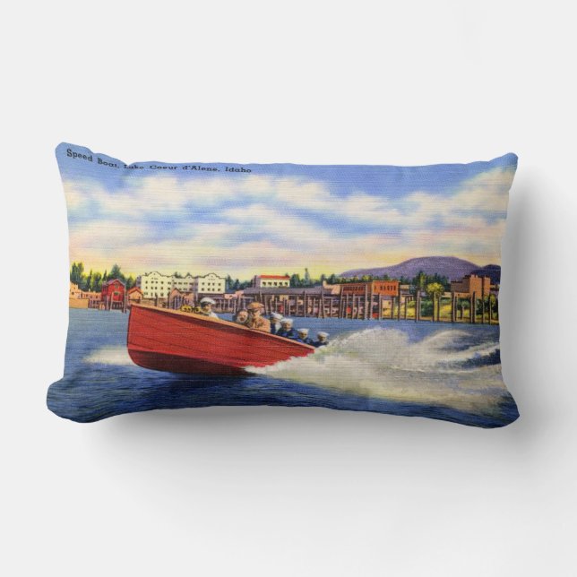 Wooden Speed Boat on Lake Coeur d'Alene, Idaho Lumbar Pillow (Front)