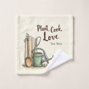 Wooden Spoon and Watering Can Rustic Kitchen Cloth