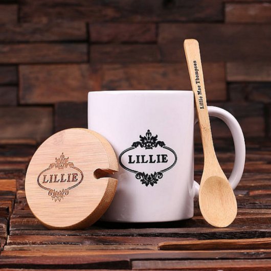Wooden Spoon, Bamboo Lid and 12 oz. Coffee Mug (Front)