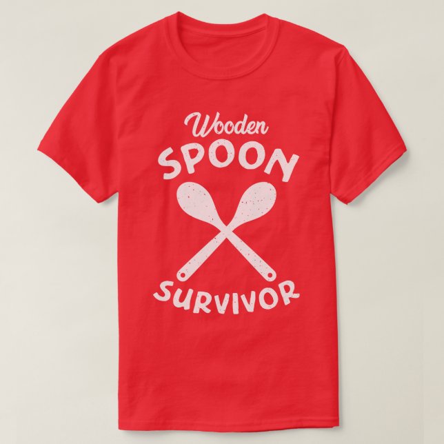 Wooden Spoon Survivor Distressed White Text T-Shirt (Design Front)
