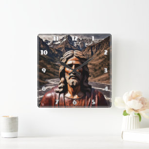 Wooden Statue of Jesus in Mountain Landscape Square Wall Clock