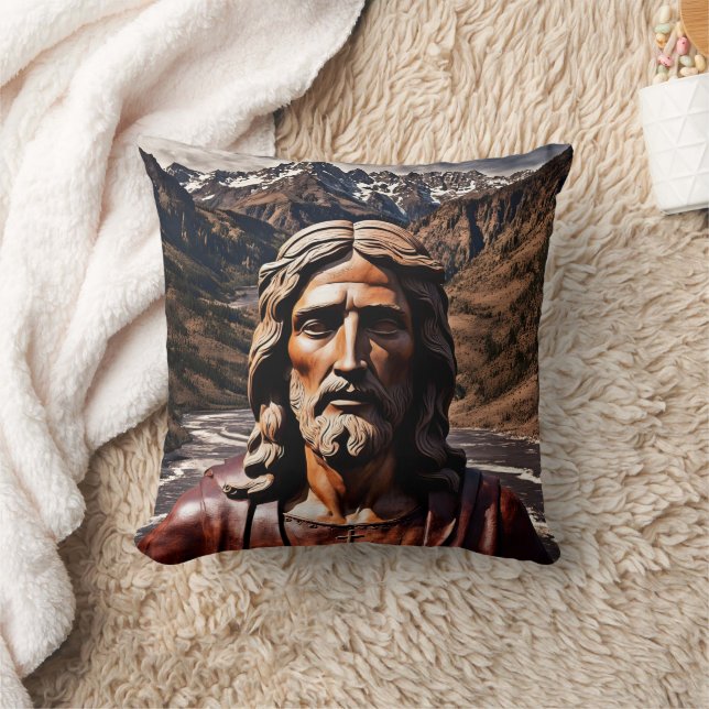 Wooden Statue of Jesus in Mountain Landscape Throw Pillow (Blanket)