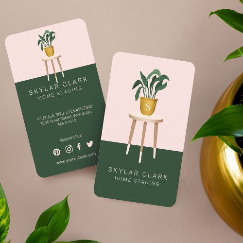 Wooden Stool  Potted Plant Home Staging  Decor Business Card