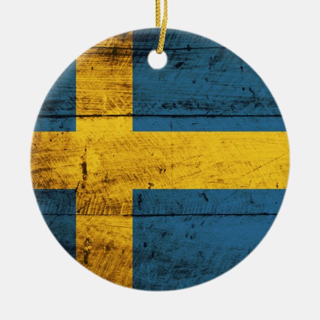 Wooden Sweden Flag Ceramic Ornament (Front)