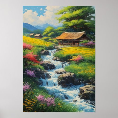 Wooden Teahouse by Cascading Waters Poster
