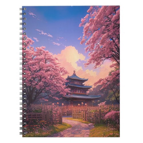Wooden Temple Embraced by Cherry Blossom Notebook