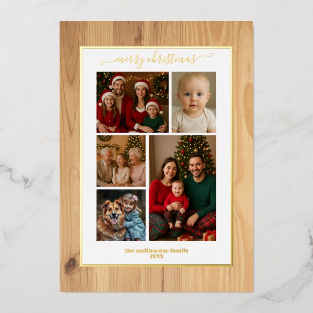 Wooden texture foil family Photo Christmas real Foil Invitation (Front)