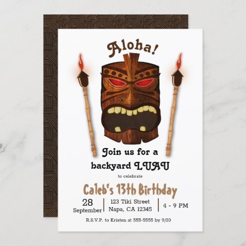 Wooden Tiki Aloha Polynesian Mask Luau Birthday Invitation