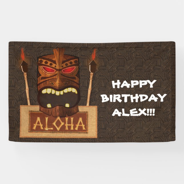 Wooden Tiki Mask Vintage Retro ALOHA Hawaiian Banner (Horizontal)