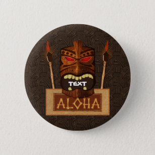 Wooden Tiki Mask Vintage Retro ALOHA Hawaiian Button