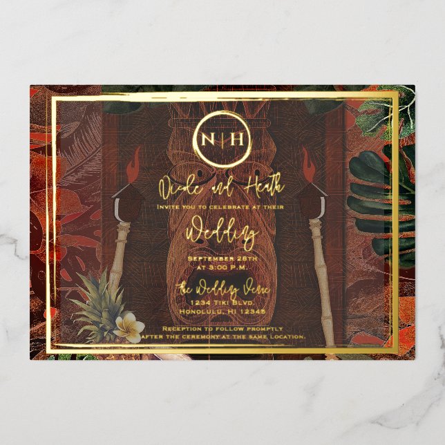 Wooden Tiki Vintage Hawaiian Gold Wedding Foil Invitation (Front)