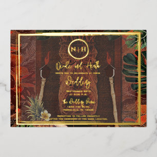 Wooden Tiki Vintage Hawaiian Wedding Photo Foil Invitation