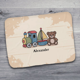 Wooden Toys with train, sailboat, and teddy bear Baby Blanket