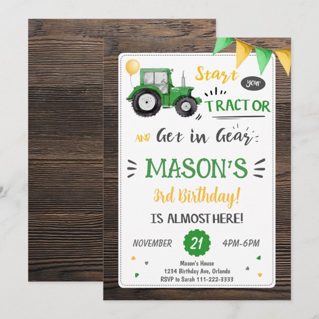 Wooden Tractor Birthday Invitation (Front/Back)