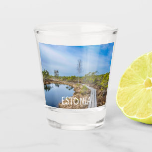 Wooden trail over swamp in Estonia Shot Glass
