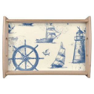 Wooden Tray with Marine Elements