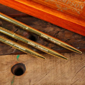 Wooden Tray with Set of 7 Engraved Gold Metal Pens (Front)