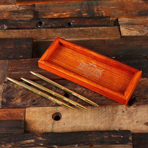 Wooden Tray with Set of 7 Engraved Gold Metal Pens