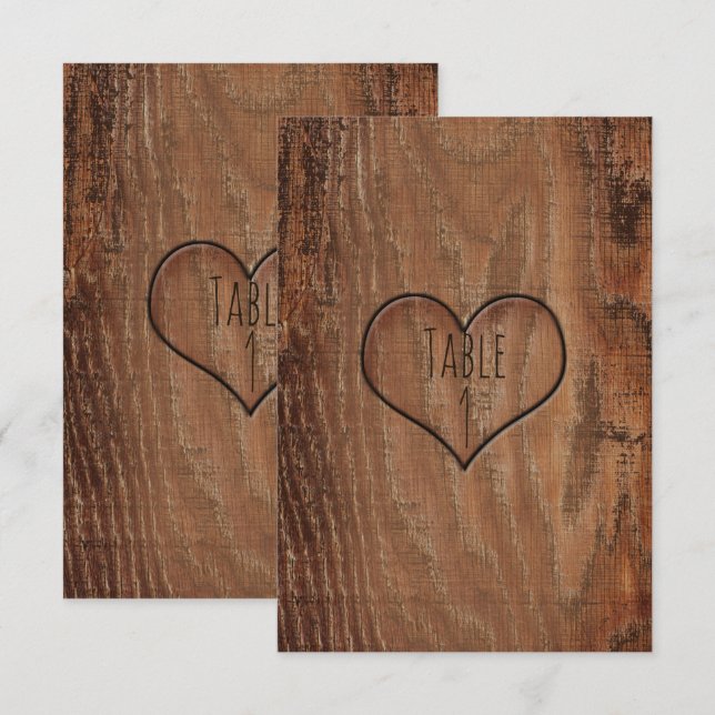 Wooden Tree Carved Heart Rustic Wedding Table Card (Front/Back)