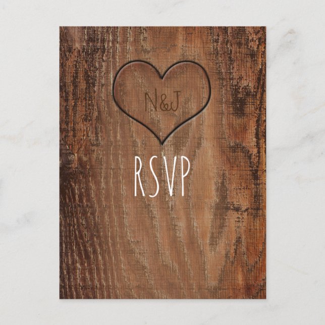 Wooden Tree Carved Heart Rustic Wood Wedding RSVP Invitation Postcard (Front)