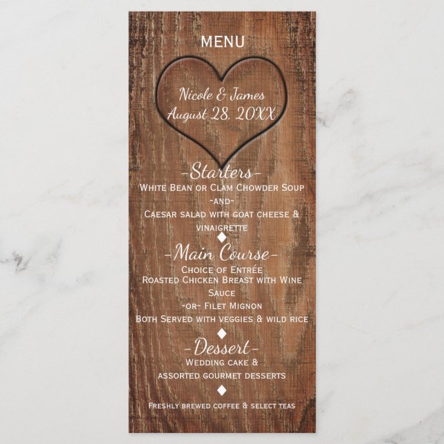 Wooden Tree Carved in Heart Rustic Wedding Menu (Front)
