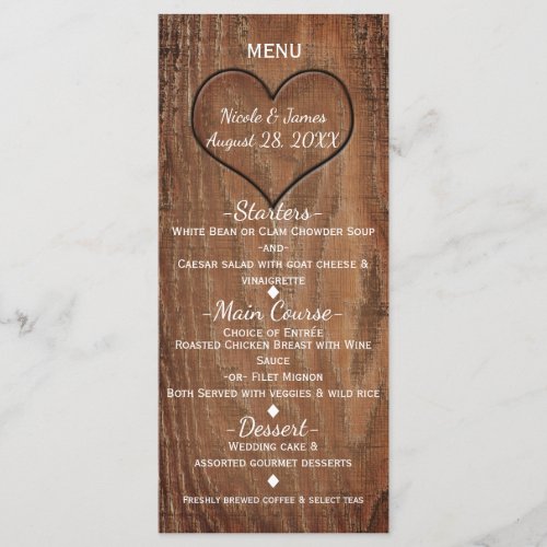 Wooden Tree Carved in Heart Rustic Wedding Menu