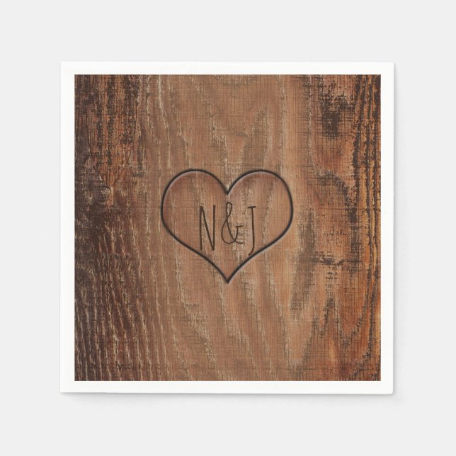 Wooden Tree Carved in Heart Rustic Wedding Paper Napkins (Front)
