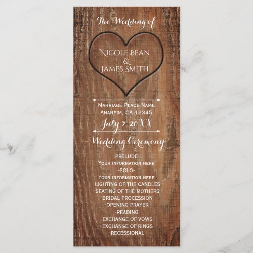 Wooden Tree Carved in Heart Rustic Wedding Program