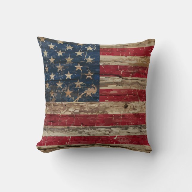 Wooden Vintage American Flag Throw Pillow (Front)