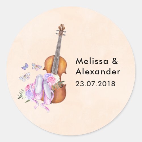 Wooden Violen  Ballet Shoes Wedding Date Classic Round Sticker