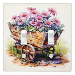 Wooden Wagon Full Of Aster Flowers Light Switch Cover