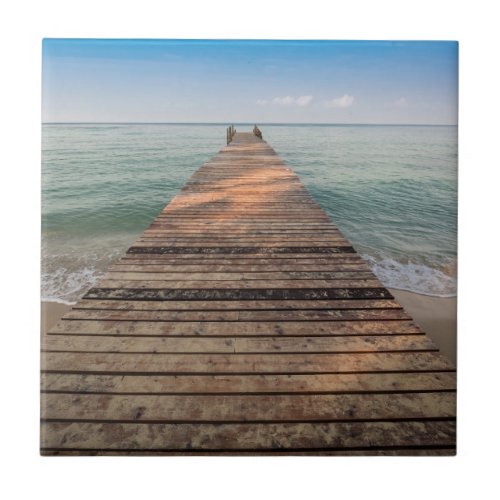 Wooden Walk Path and Sea in Summer Ceramic Tile