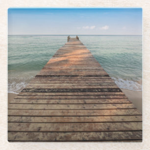Wooden Walk Path and Sea in Summer Glass Coaster