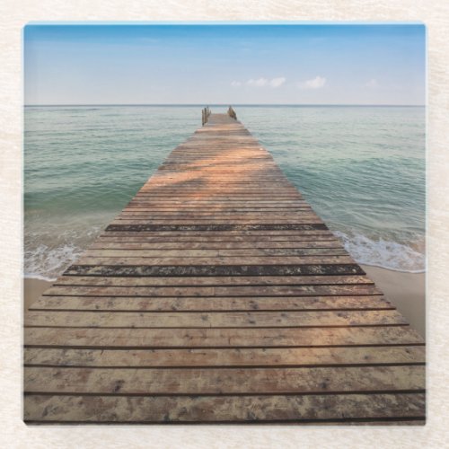 Wooden Walk Path and Sea in Summer Glass Coaster