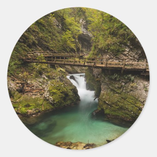 Wooden walkway through Vintgar Gorge canyon Classic Round Sticker