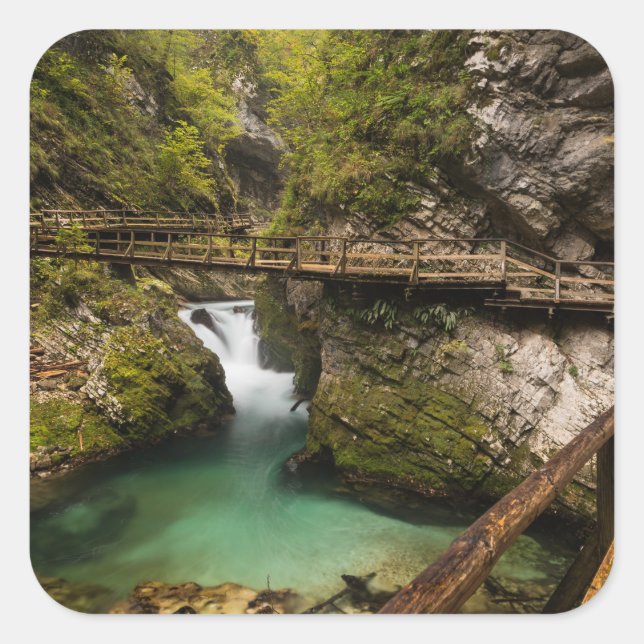 Wooden walkway through Vintgar Gorge canyon Square Sticker (Front)