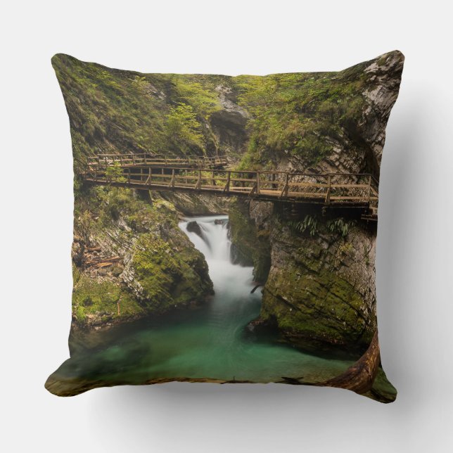 Wooden walkway through Vintgar Gorge canyon Throw Pillow (Front)
