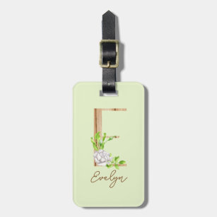 Wooden Watercolor White Rose Letter E Monogram Luggage Tag