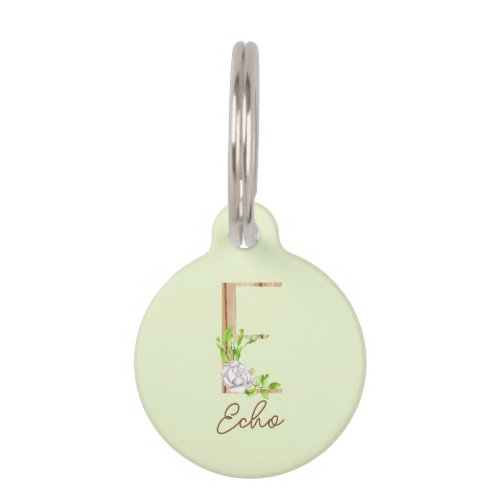 Wooden Watercolor White Rose Letter E Monogram Pet ID Tag