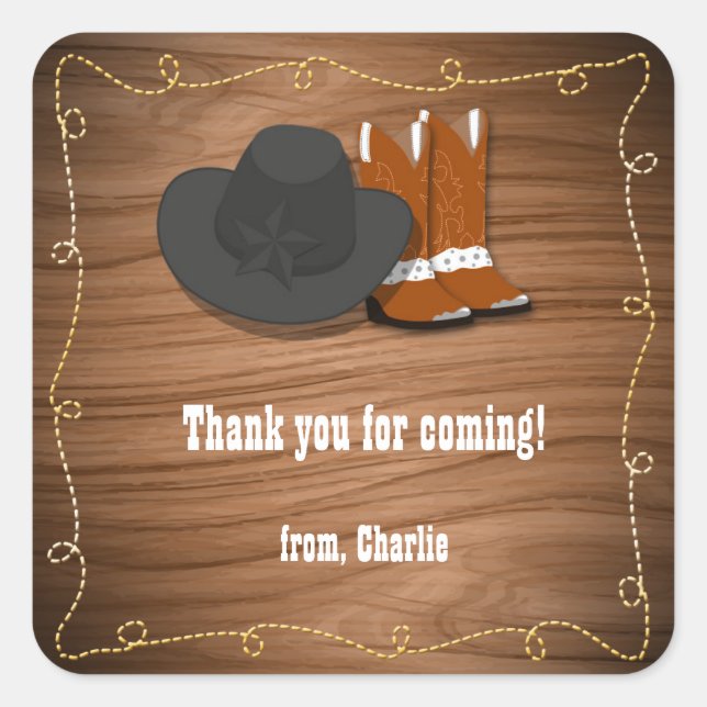 Wooden Western Cowboy Party Sticker Favor Label (Front)