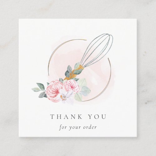 Wooden Whisk Blush Watercolor Flora Chef Thank You Square Business Card
