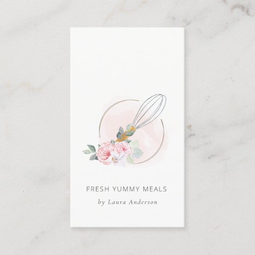 Wooden Whisk Blush Watercolor Floral Chef Logo Business Card