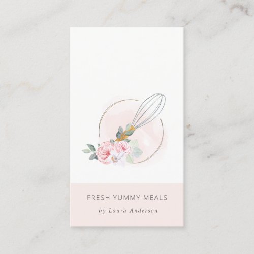 Wooden Whisk Blush Watercolor Floral Chef Logo Business Card