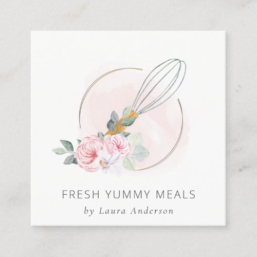 Wooden Whisk Blush Watercolor Floral Chef Logo Square Business Card