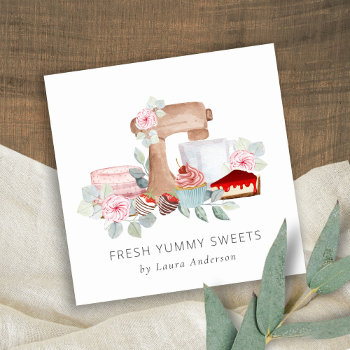 Wooden Whisk Blush Watercolor Floral Chef Logo Square Business Card by DearBrand at Zazzle