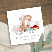 Wooden Whisk Blush Watercolor Floral Chef Logo Square Business Card at Zazzle