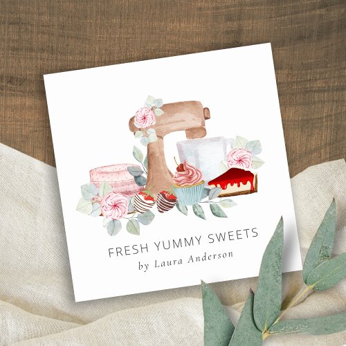 Wooden Whisk Blush Watercolor Floral Chef Logo Square Business Card
