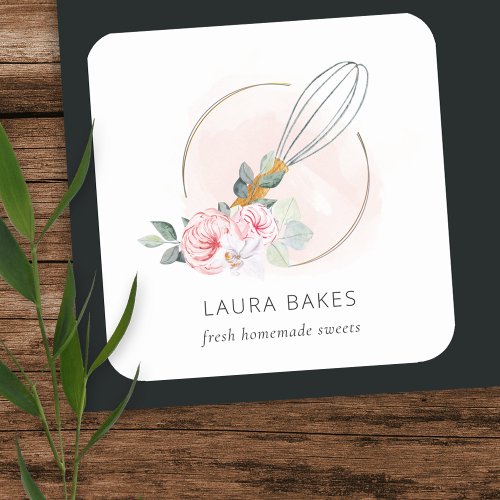 Wooden Whisk Blush Watercolor Floral Chef Logo Square Sticker