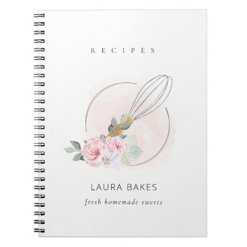 Wooden Whisk Blush Watercolor Floral Chef Recipe Notebook