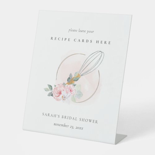 Wooden Whisk Pink Floral Recipe Card Bridal Shower Pedestal Sign